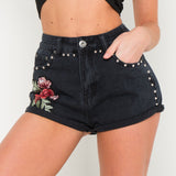 Texas High Rise Denim Shorts With Rose Applique And Studs