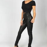 Detroit High-Waisted PU Coated Jeans with Zip Front Pocket